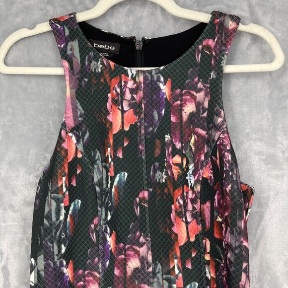 Bebe Dress Medium Black Multicolor Floral Grid Fit & Flare Sleeveless Party - Picture 2 of 15